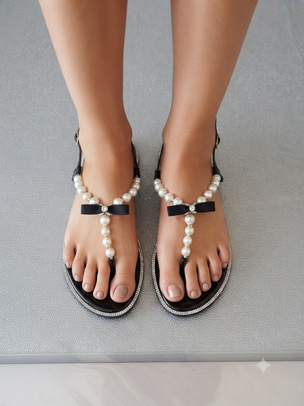 Styluxe Black Pearl Bow T-Strap Sandals